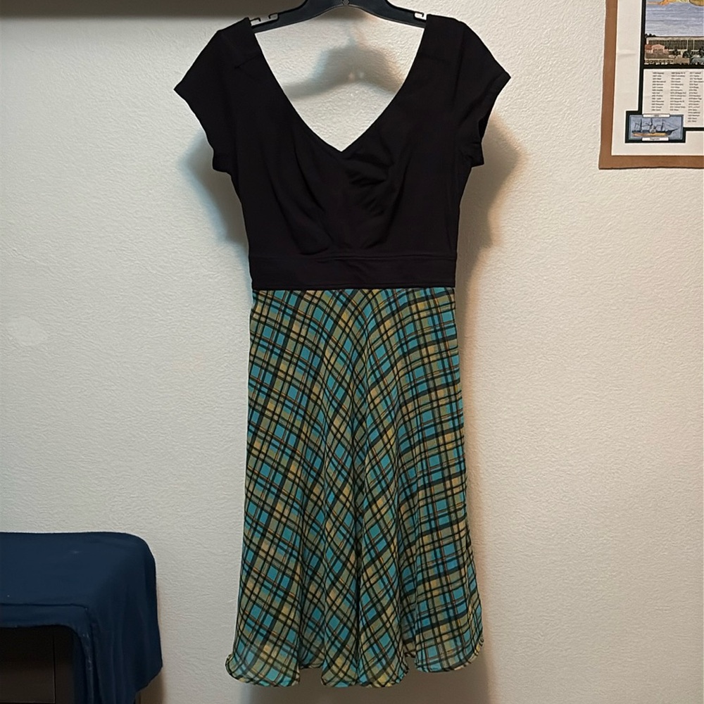 EShakti women’s green plaid and jersey smocked waist dress, pockets, Sz 10